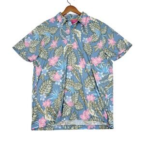 Birdie Bound Polo Shirt Mens Large Tropical Floral Print Short Sleeve Blue Pink